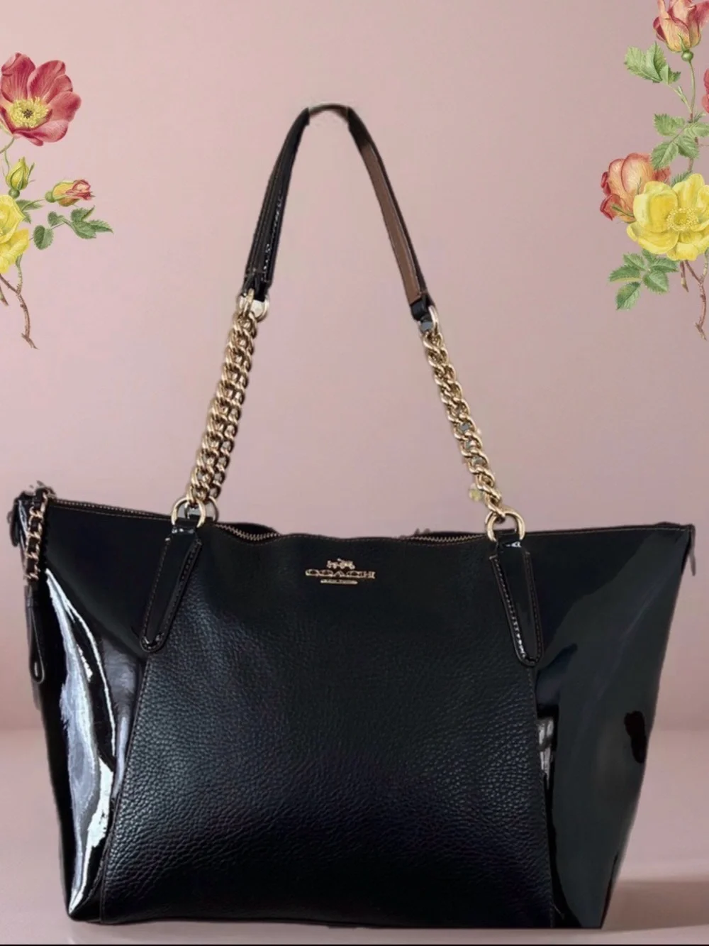 Coach Black Leather Tote with Gold Chain Straps